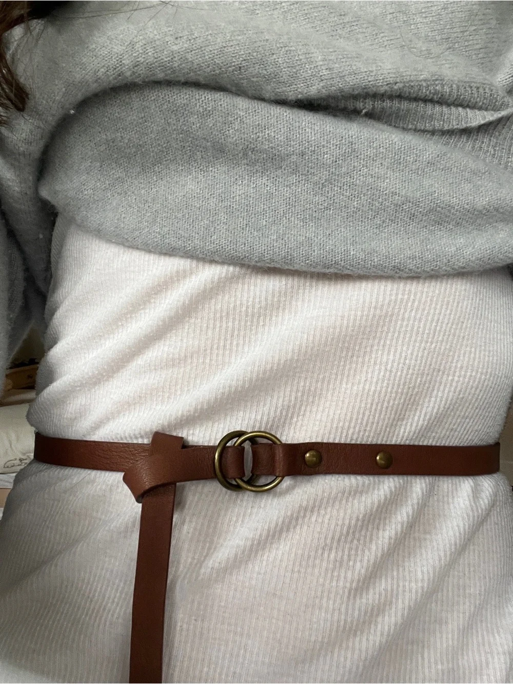 Tibi Chestnut Brown Leather Double-Ring Skinny Belt with Brass Hardware One Size - Picture 10 of 10